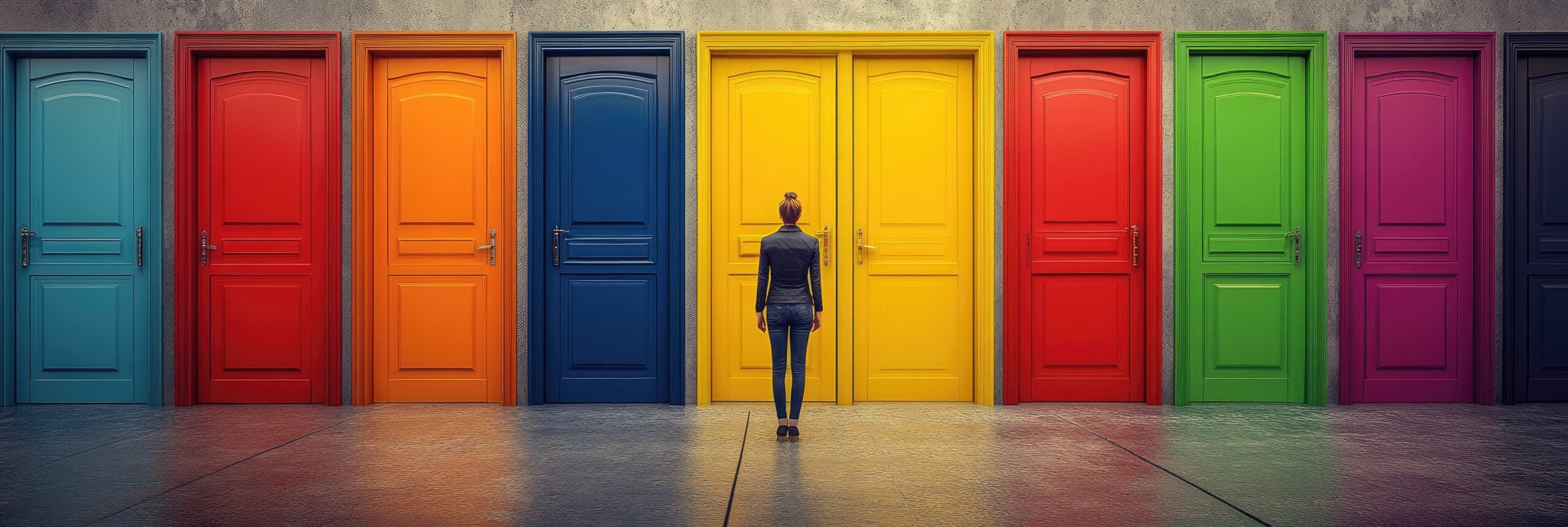 woman trying to decide which door to walk through